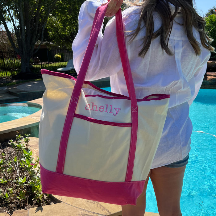 Extra Large Natural Canvas Tote Bag With Hot Pink Handles - 22"x16"x6" - Threadart.com