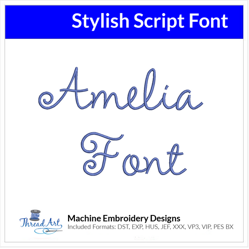 Amelia Font Machine Embroidery Design Set -  Cursive Alphabet Letters BX Font - Download 9 Formats and 3 Sizes - 1", 1.5", 2" - Threadart.com