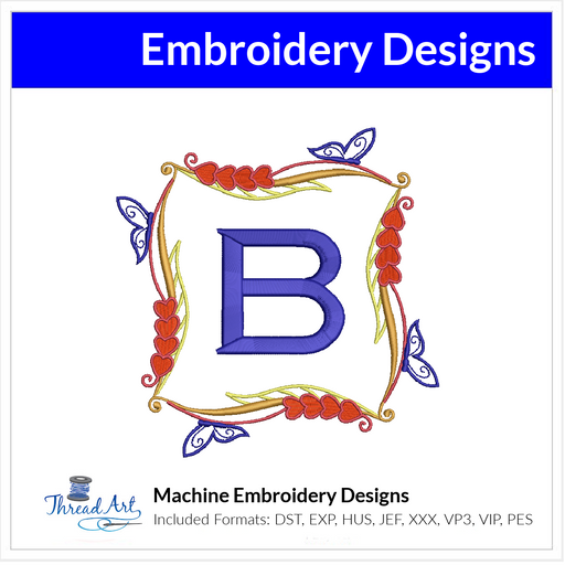 Butterflies & Hearts Monogram Frame Embroidery Design Instant Download - 3 Sizes - 8 Formats - ThreadArt - Threadart.com