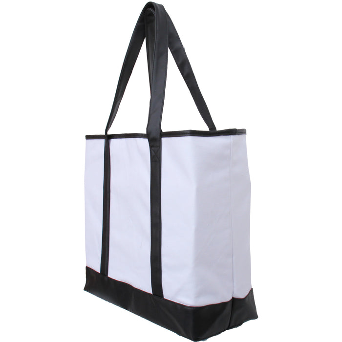 Extra Large Canvas & Vegan Leather Tote Bag - White With Black Handles - Threadart.com