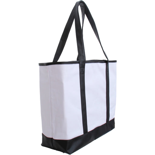 Extra Large Canvas & Vegan Leather Tote Bag - White With Black Handles - Threadart.com