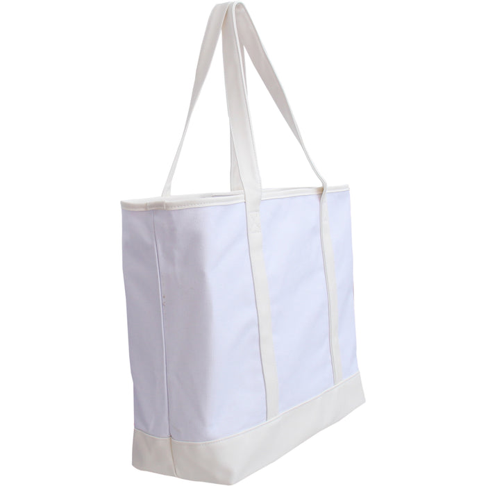 Extra Large Canvas & Vegan Leather Tote Bag - White With Natural Handles - Threadart.com