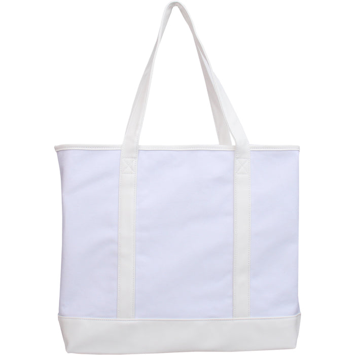 Extra Large Canvas & Vegan Leather Tote Bag - White With Natural Handles - Threadart.com