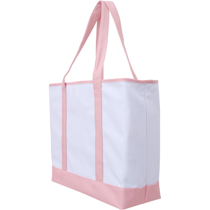 Extra Large Canvas & Vegan Leather Tote Bag - White With Light Pink Handles - Threadart.com