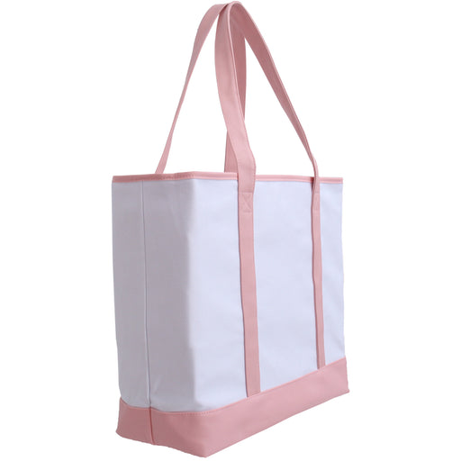 Extra Large Canvas & Vegan Leather Tote Bag - White With Light Pink Handles - Threadart.com