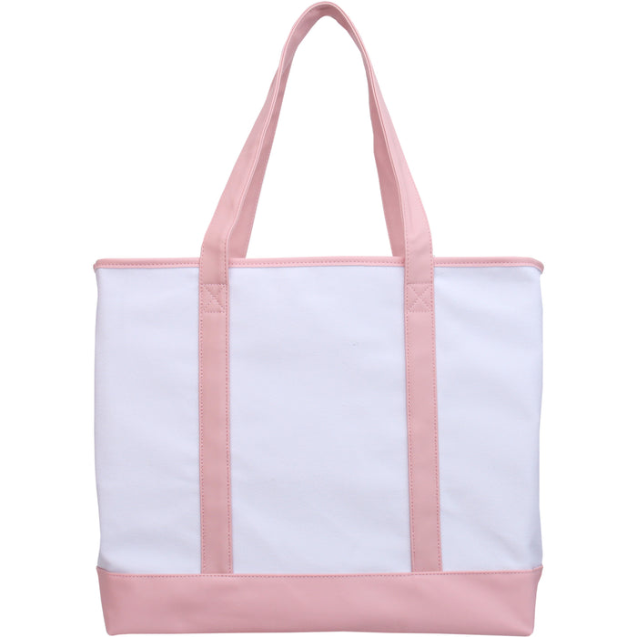 Extra Large Canvas & Vegan Leather Tote Bag - White With Light Pink Handles - Threadart.com