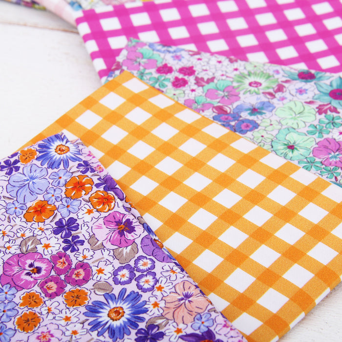 16 Fat Quarter Bundle - Spring Picnic Collection - 8 Floral Prints & 8 Gingham Prints - Threadart.com