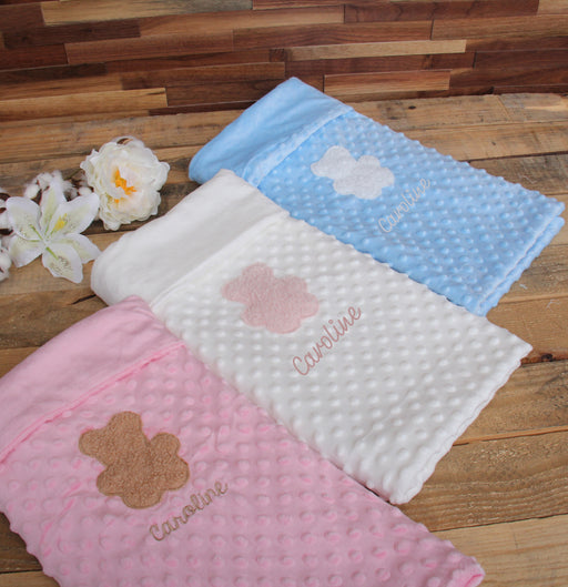 Personalized Baby Blanket With Bear Soft Minky Blanket White Blue and Pink