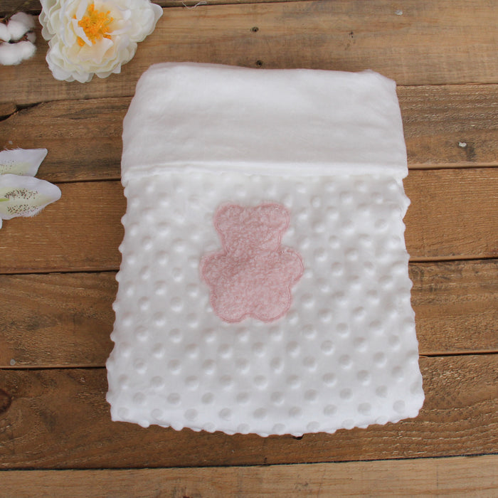 Personalized Baby Blanket With Bear - Soft Minky Blanket - White, Blue and Pink - Threadart.com