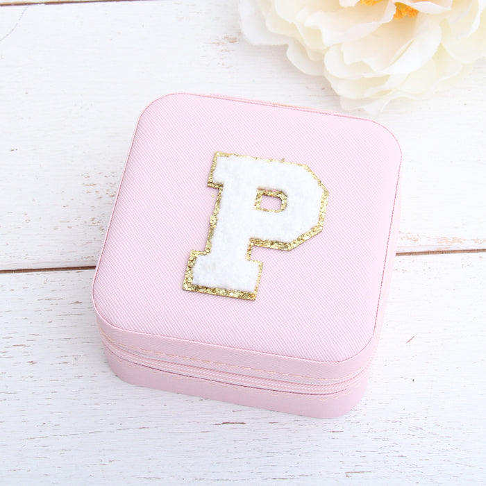 Personalized Jewelry Case with Chenille Letter - Pink, Ivory, or Black - Threadart.com