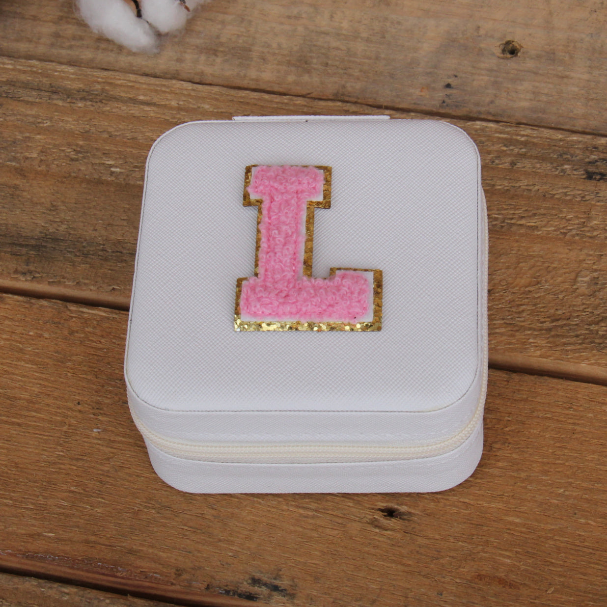 Personalized Jewelry Case with Chenille Letter - Pink, Ivory, or Black - Threadart.com