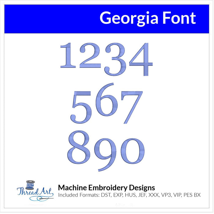 Georgia Font Machine Embroidery Design Set - Alphabet Letters Numbers BX Font - Download 9 Format and 1" to 3" - Threadart.com