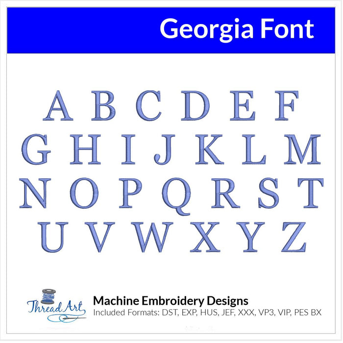 Georgia Font Machine Embroidery Design Set - Alphabet Letters Numbers BX Font - Download 9 Format and 1" to 3" - Threadart.com