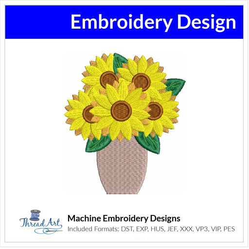 Sunflower Vase Embroidery Design Instant Download Cute Floral Vase - 3 Sizes - 8 Formats - ThreadArt - Threadart.com