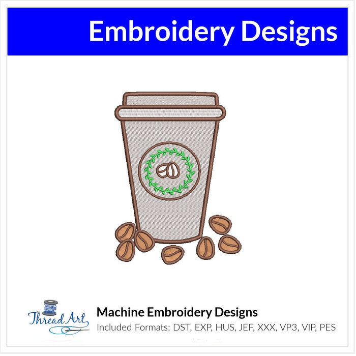 Coffee To Go Embroidery Design Instant Download  - 3 Sizes - 8 Formats - ThreadArt - Threadart.com