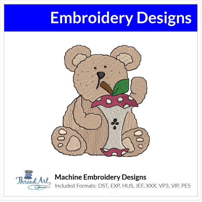 School Bear with Apple Embroidery Design Instant Download  - Multiple Sizes - 8 Formats - ThreadArt - Threadart.com