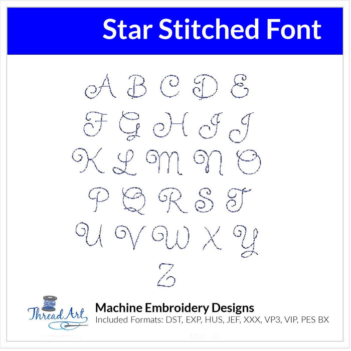 Star Stitched Font Machine Embroidery Design Set -  Upper and Lowercase Letters BX Font - Download 9 Formats and 4 Sizes - 1" to 3" - Threadart.com