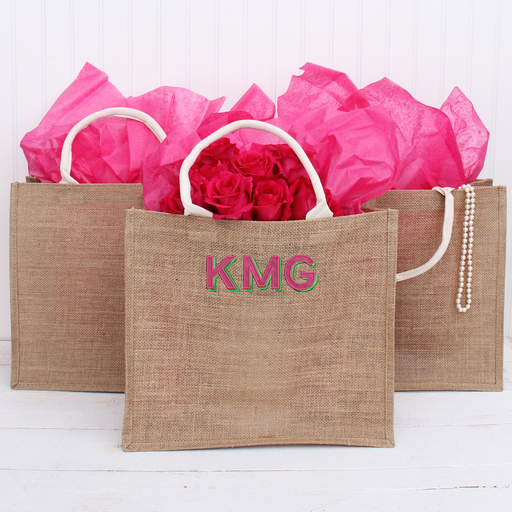Personalized Jute Carryall Bag - Embroidered Two Color Shadow Block Monogram - For Beach, Parties, Bridemaids, Pool Time, Gifts and More - Threadart.com