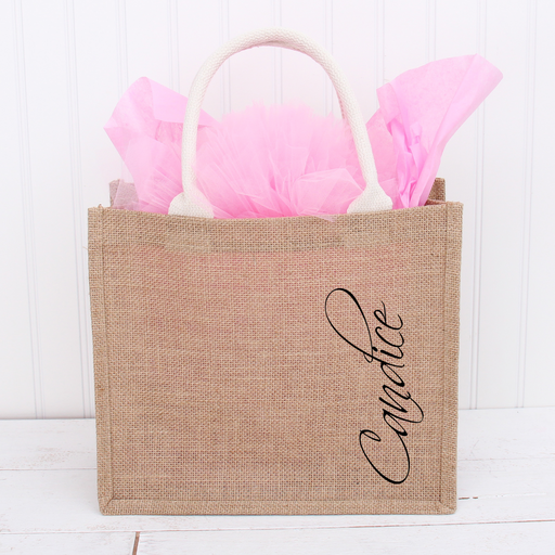 Embroidered Jute Burlap Bag With Name on Side, Personalized Bag For Gifts, Market, Pool, Beach and More - Threadart.com