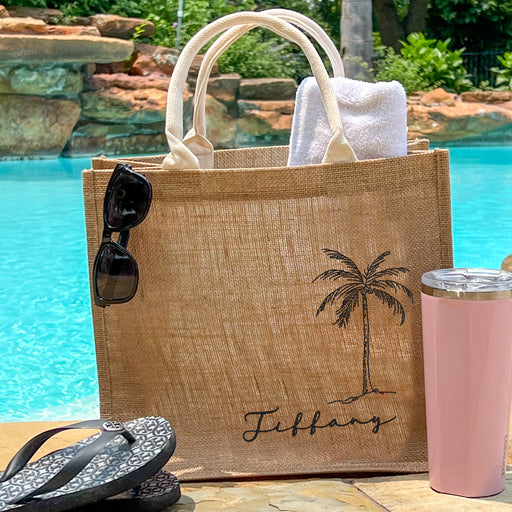 Embroidered Palm Tree Jute Burlap Tote Bags, Personalized Beach Bag For Pool, Weekend Getaways, Trips, and More - Threadart.com