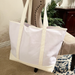 Extra Large Canvas & Vegan Leather Tote Bag - White With Black Handles - Threadart.com