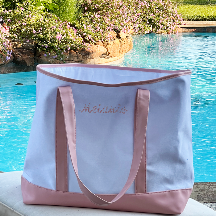 Extra Large Canvas & Vegan Leather Tote Bag - White With Natural Handles - Threadart.com