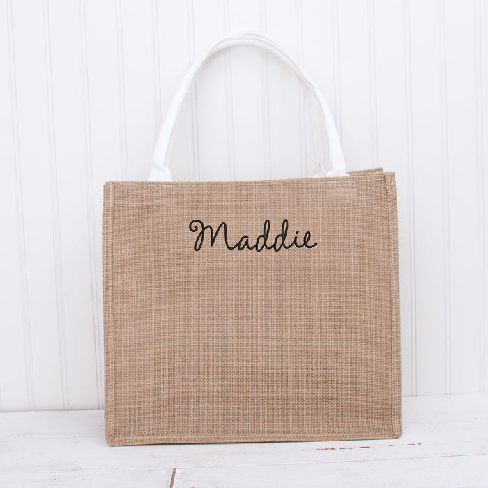 Personalized Jute Carryall Bag - Embroidered Name or Text on Burlap Jute Tote Bag - Threadart.com