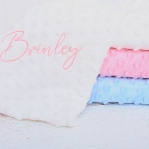 Personalized Baby Blanket - Soft Minky Blanket - White, Blue and Pink - Threadart.com