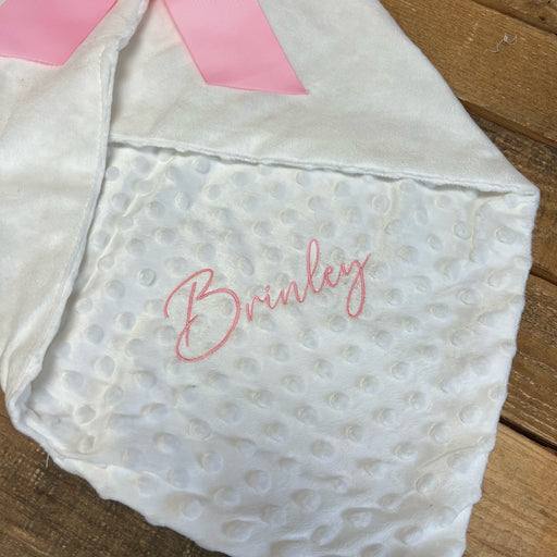 Personalized Baby Blanket - Soft Minky Blanket - White, Blue and Pink - Threadart.com