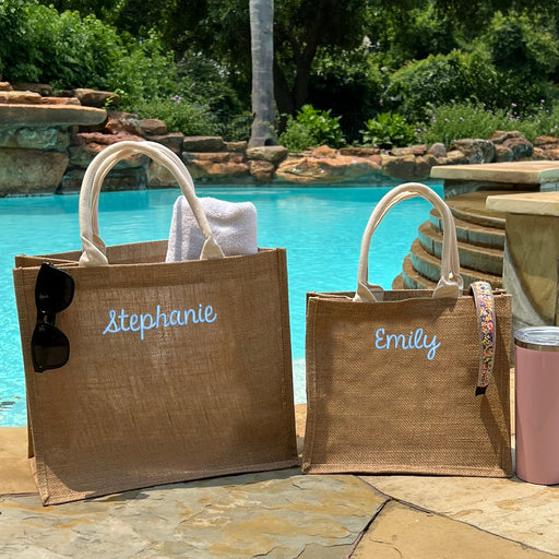 Embroidered Bag Set, Personalized Mommy and Me, Personalized Jute Tote Bag Set, Pool Time, Beach, Gift for Mom - Threadart.com