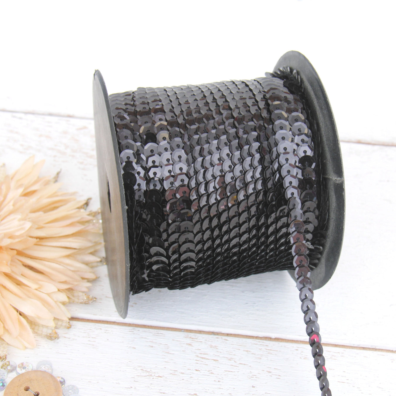 6MM Sequin String 80YD Roll - Black Faceted Metallic - Threadart.com