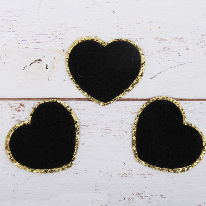 Iron On Heart Patches - Set of 3 Hearts Chenille with Gold Glitter