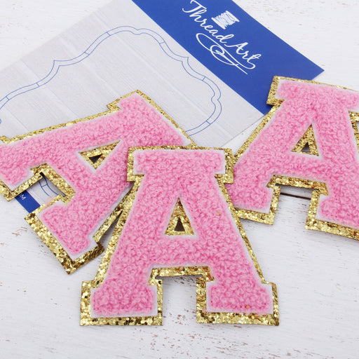 Light Pink Chenille Iron On Gold Glitter Letter Patches