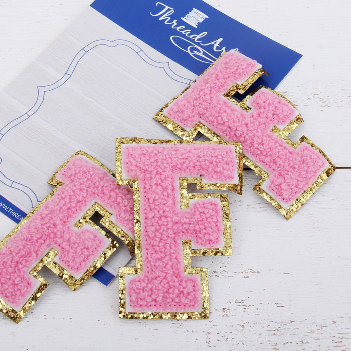 Pink Iron On Varsity Letter Patches - Sets of 3 Letters - Large 8 cm  Chenille with Gold GlitterL