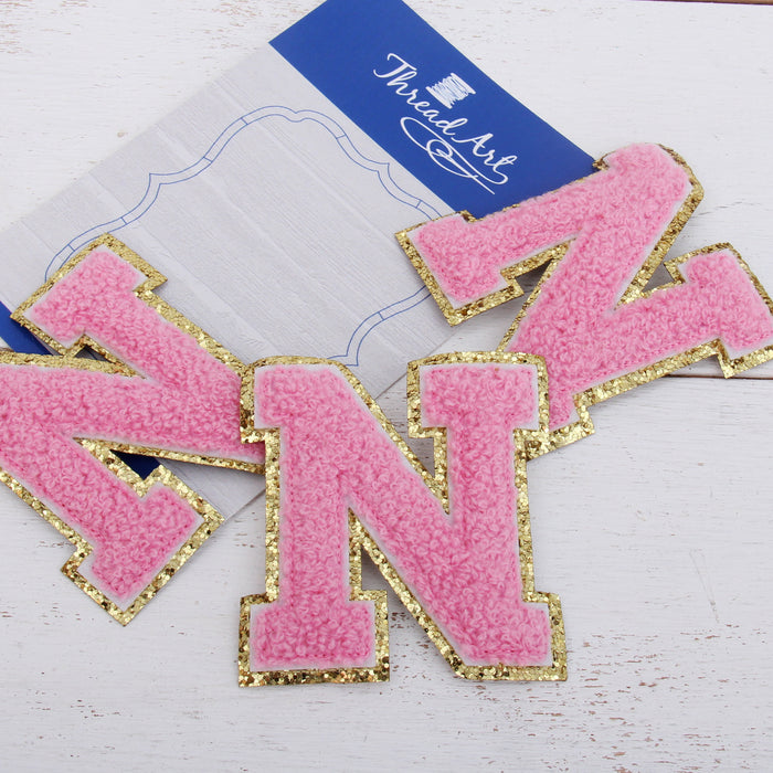 Pink Iron On Varsity Letter Patches - Sets of 3 Letters - Large 8 cm  Chenille with Gold GlitterL