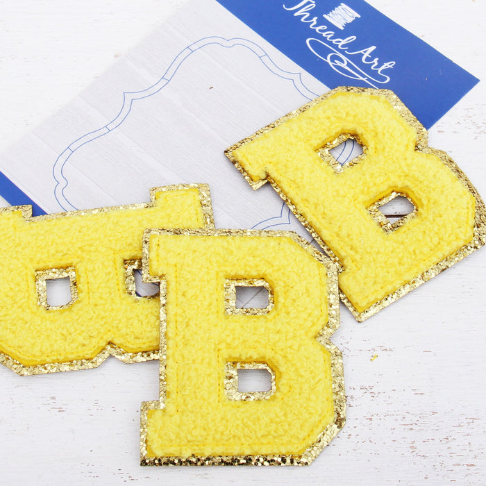 3 Pack Chenille Iron On Glitter Varsity Letter C Patches - Yellow  Chenille Fabric With Gold Glitter Trim - Sew or Iron on - 8 cm Tall 